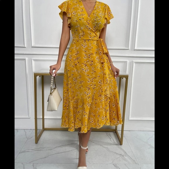 Boho Floral Print Butterfly Sleeve Dress Mustard Yellow - Picture 5 of 13